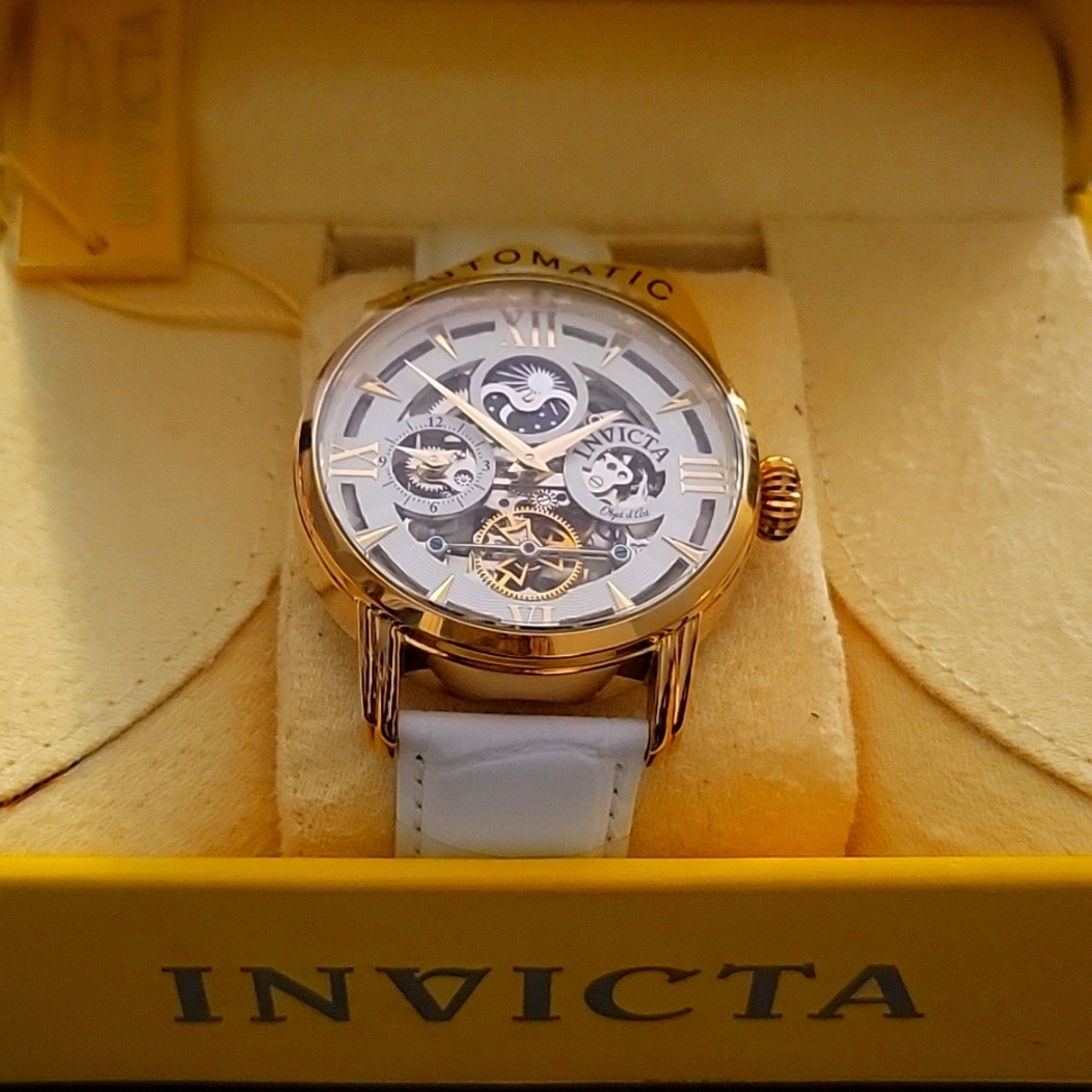 Invicta Gold and White Skeleton Dial Watch